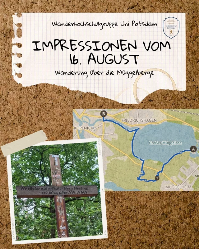 Wir hatten eine wunderschöne Sommerwanderung in die Müggelberge Berlins. 🏞☀️ 
Die Highlights waren neben einer kurzen Fährfahrt der große Müggelberg als höchste natürliche Erhebung Berlins und der Müggelturm mit weiter Sicht vom Fernsehturm bis zum BER. Nach einer romantischen Pausenstelle am Teufelssee ging es immer am Wasser entlang bis zum Spreetunnel. Hier trennten sich die Wege für Badebegeisterte, der Rest lief weiter entlang der Spree bis Köpenick. 
Wir freuen uns schon auf die nächste Wanderung 🥾
Euer Vorstand 
___________________________ 
We had a wonderful summer hike to the Müggelberge in Berlin. 🏞☀️
The highlights, in addition to a short ferry ride, were Berlin's highest natural elevation and the Müggelturm with its wide view from the TV tower to BER airport. After a romantic break at Teufelssee, we walked along the water until we reached the Spreetunnel. Here, the paths separated for those keen on swimming, while the rest of us continued along the Spree river to Köpenick.
We're looking forward to our next hike 🥾
Your board